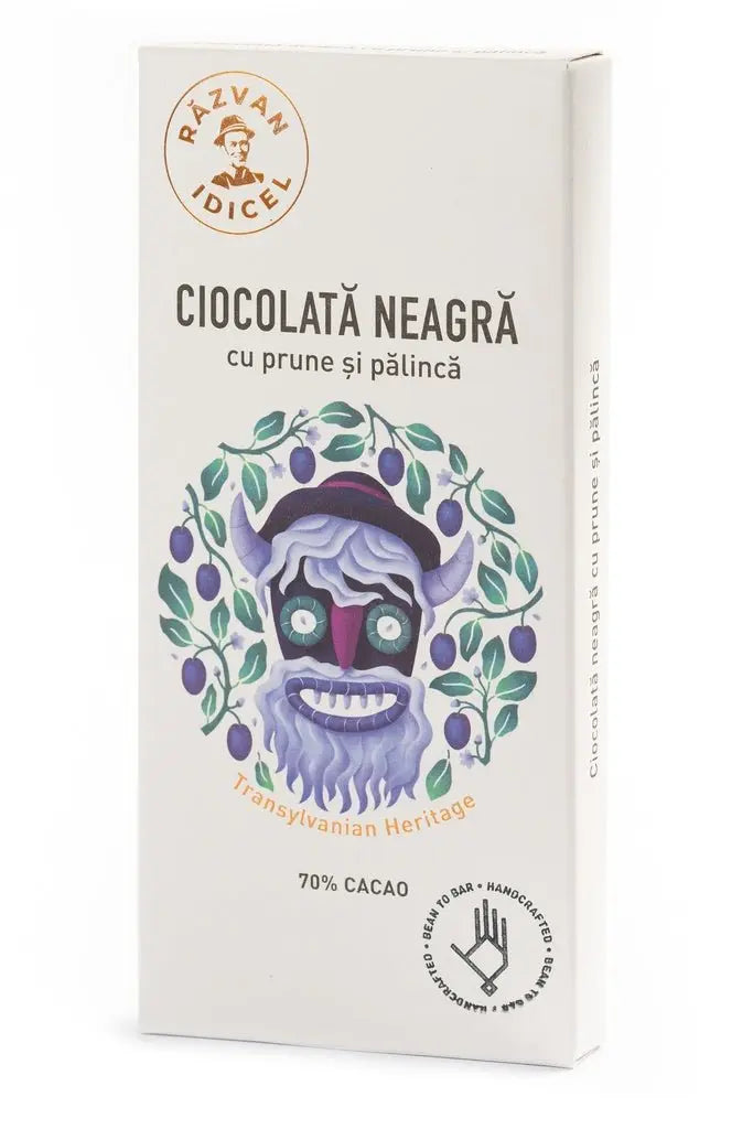 Ciocolata Razvan 70 cacao neagra cu prune si palinca 80g